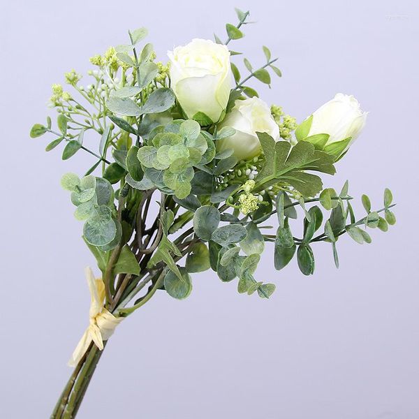 Flores Decorativas Plantas Artificiais Simulação Flor Pequeno Buquê De Rosas Gypsophila Casamento Mão Decoração Da Casa