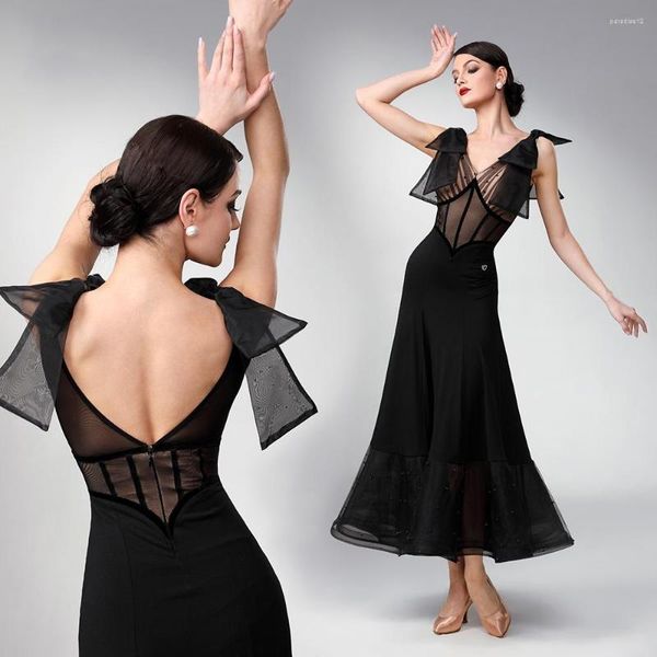 Stage Wear Customized 2023 High-End Ballroom Dance Competition Dress Adulti Donne Party Abiti da ballo moderni Nero Sexy Waltz