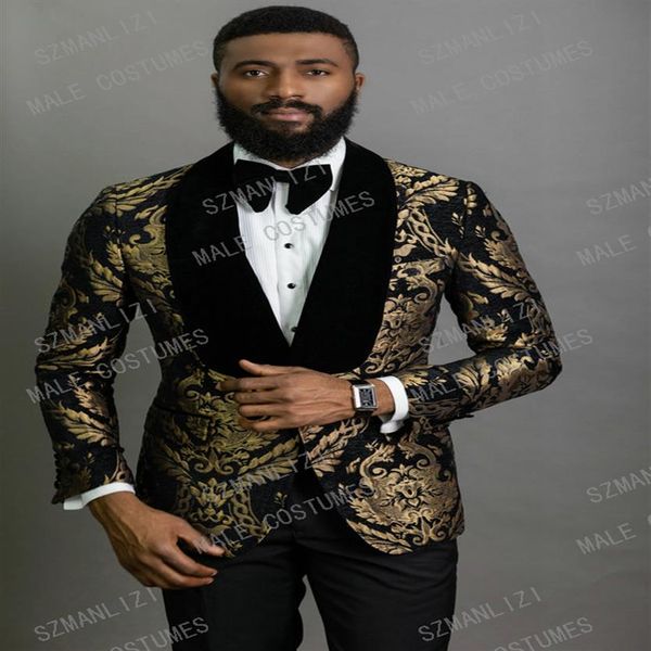 2020 elegante moda uomo nero oro floreale abiti 2 pezzi sposo smoking smoking giacca abiti da sposa per uomo uomo Blazer218S