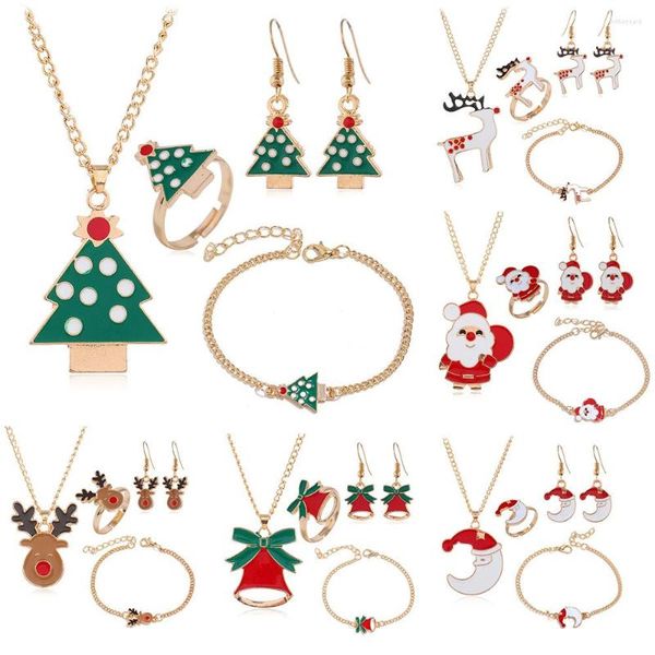 Halskette Ohrringe Set 5 teile/satz Ringe Halsketten Armbänder Schmuck Für Frauen Santa Elch Glocke Charms Weihnachten Party Mode