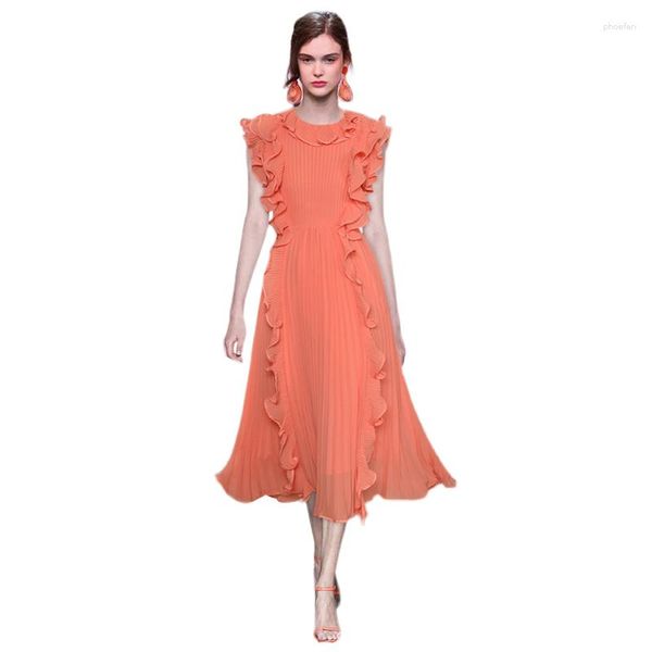 Freizeitkleider 2023 Sommer-Rüschen-Rundhalsausschnitt, ärmellos, kaskadierende Rüschen, Midi-Plissee-Chiffonkleid, Orange/Rot