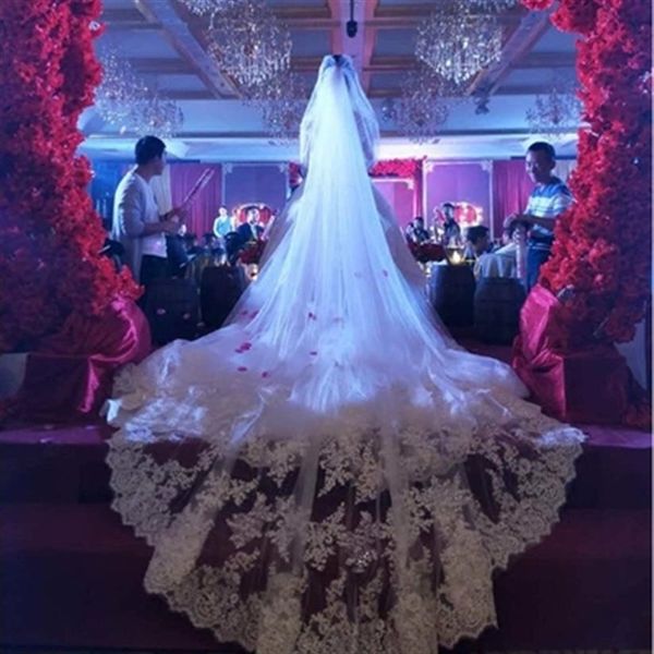 5 metros borda cheia com renda lantejoulas duas camadas longo véu de noiva com pente branco marfim apliques véu de noiva345d