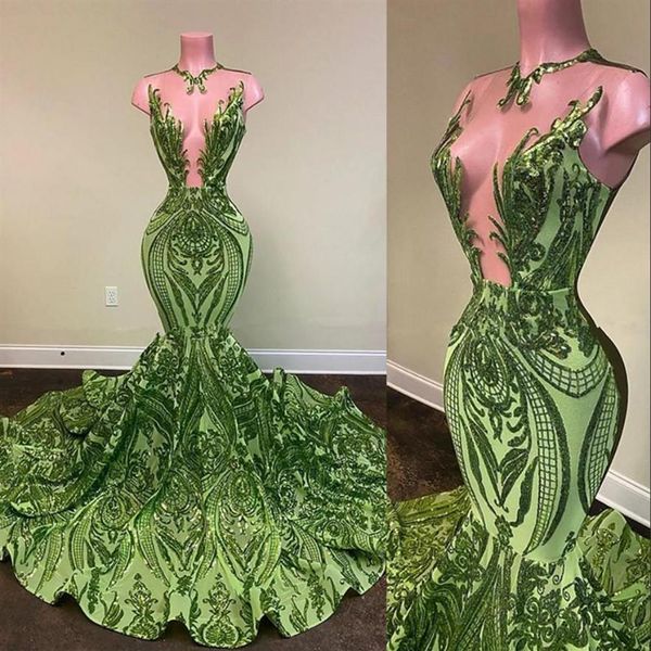 Paillettes scintillanti Sirena verde oliva Abiti da ballo africani Ragazze nere Collo gioiello Illusion Abito lungo da laurea Plus Size Formale Se189g