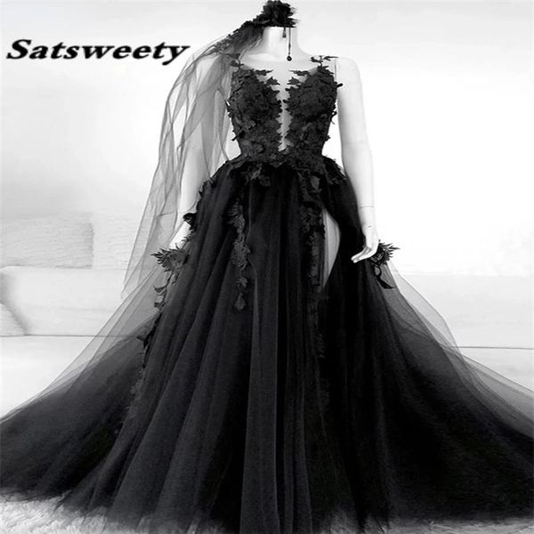 Gothic Schwarz Ballkleider Sexy Rückenfrei High Side Split A-Linie Abendkleid Spitze Formale Partykleider Mit Schleier Robe De Soiree226u