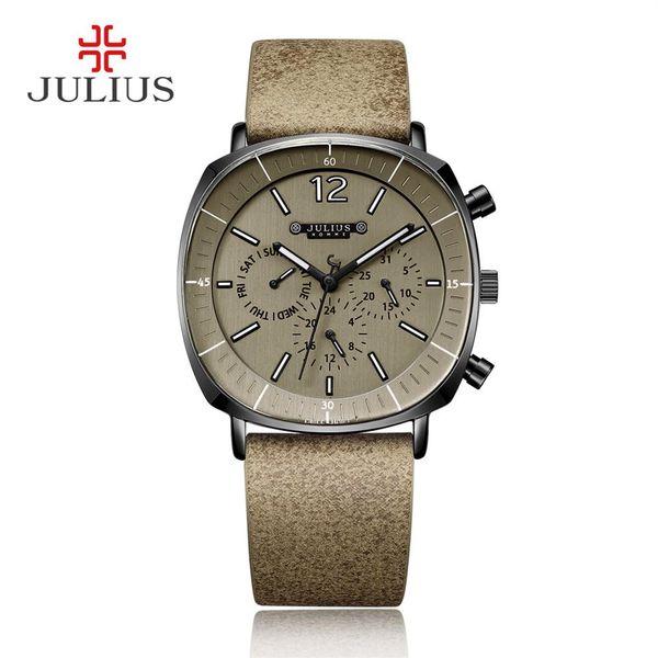 JULIUS Real Chronograph Men's Business Watch 3 Mostradores Pulseira de Couro Relógio de Pulso Quadrado de Quartzo Presente JAH-0983075