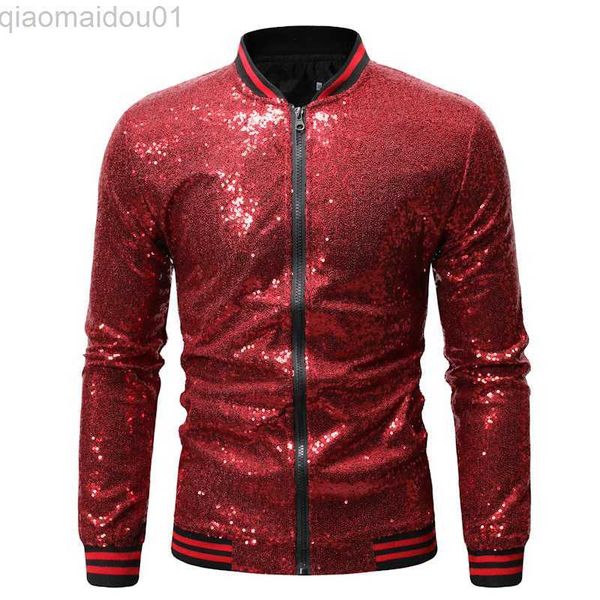 Herrenjacken Glänzende Pailletten Sparkle Bomberjacke Herren 2023 Neueste Goldglitter Gestreifter Reißverschluss Herrenjacken und Mäntel Party Dance Show Kleidung L230721