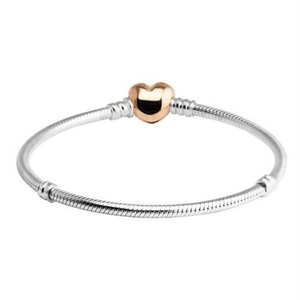 Подходит для бусин Pandora Rose Golden Heart Clapp Chain Chain Серебряные браслеты для женщин и ювелирных украшений.