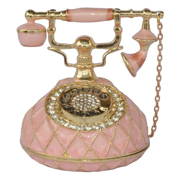 Pink Antique Telephone Bejeweled Collectible Trinket Jewelry Box with Crystals Enamelled Christmas gifts319e