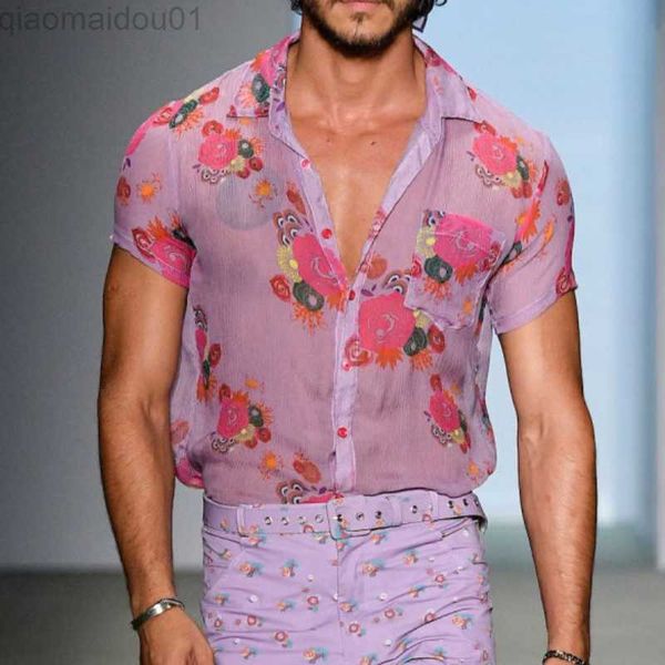 Camicie casual da uomo Camicie trasparenti da uomo in pizzo rosa trasparente con fiori Pantaloni a vita bassa Camicia floreale trasparente sexy da uomo Casual Party Nightclub Chemise Homme L230721