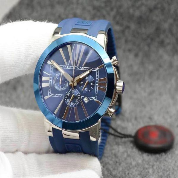Estilo Individual Relógio Masculino Exquisit de Tempo Duplo Cronógrafo Quartzo Marcadores de Número Romano Relógios Masculinos Ao Ar Livre Cabeça de Martelo Azul R251J