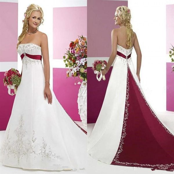 Vestidos de noiva vermelho escuro e branco modesto sem alças mancha bordado em dois tons trem de varredura plus size country vintage nupcial festa Dre336Y