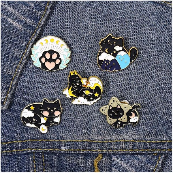 Pins Broschen Cartoon Katze Emaille Pin Tier Brosche Stern Mond Schwarz Kätzchen Pfote Wolke Abzeichen Revers Rucksack Frauen Kinder Schmuck Geschenk Wh Dhoxt