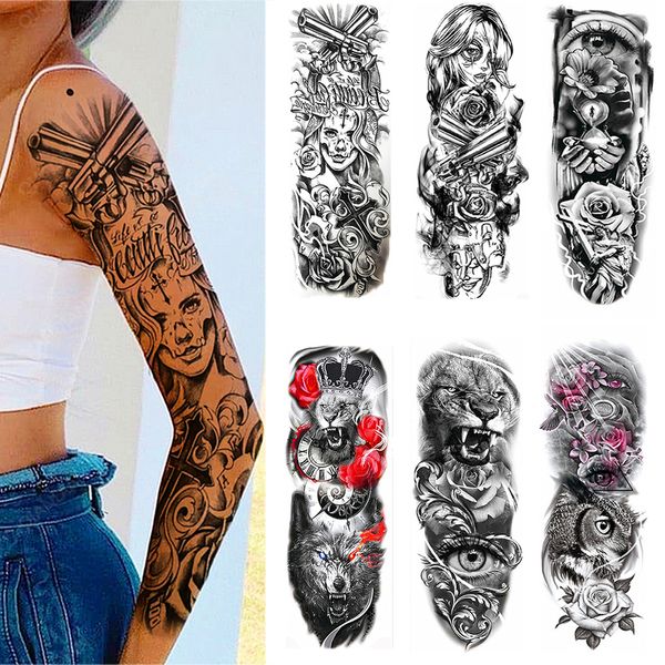 Voller Arm Temporäre Tätowierung Lady Gun Eye Flower Tiger Lion Skull Eagle Frauen Körper Bein Wasserdichter Aufkleber Cool Man Totem Sleeve