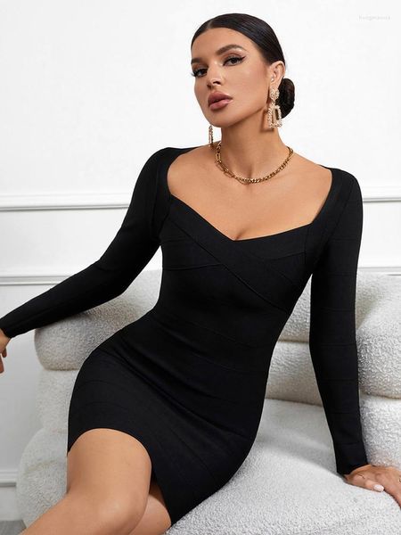 Casual Kleider Beaukey Qualität Vintage Criss Cross Schwarz Verband Kleid Lange Ärmel 2023 Sommer Frauen Mini Party Bodycon Abend Luxus