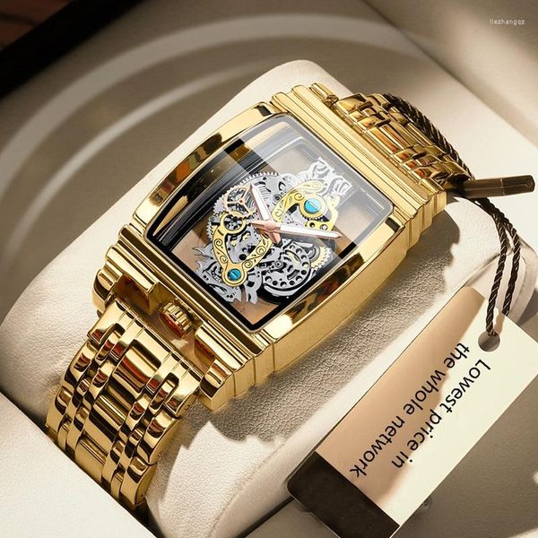 Armbanduhren Mode Barrel Locomotive Gear Bar Hollow Out Gold Uhren Tourbillon Edelstahl Armbanduhr Männer wasserdichte leuchtende Uhr