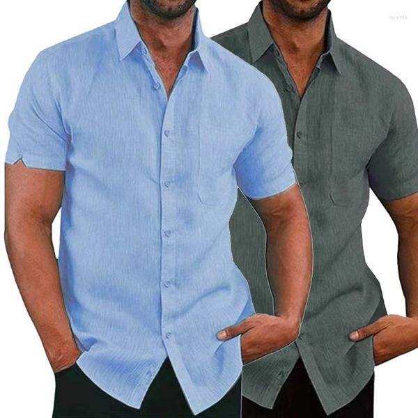 Camisas casuais masculinas de linho de algodão para homens blusas de manga curta sólida gola dobrável formal praia roupas masculinas 5XL