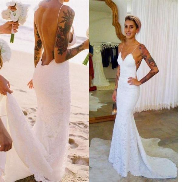 Vestidos de noiva boho sereia sem costas branco 2020 alças finas costas baixas vestidos de verão vestidos de casamento de praia279i