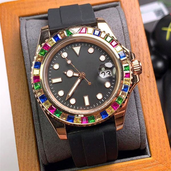 Candy Color Diamond Watch Mens Relógios mecânicos automáticos 40 mm Relvadores de pulso Montre de Luxe Strapa de borracha ajustável310f