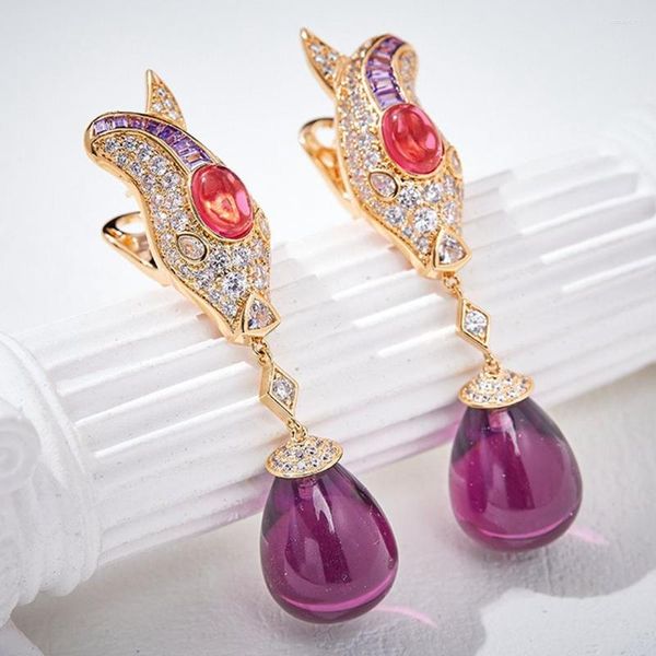 Серьги дизайнер дизайнер красный пурпурный цирконий жемчужный камень длинный роскошный шампанский золото, покрытые украшениями оптом для женщин