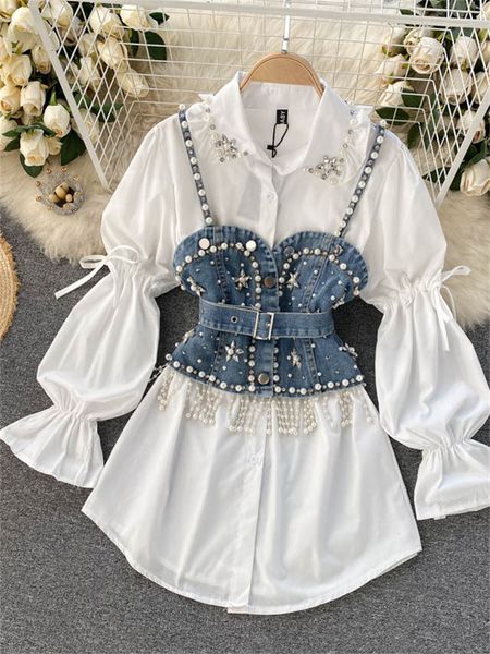 Платье с двумя кусочками высококачественное горит бриллиантовый джинсовый жилет с белым рубашкой платье 2 шт.