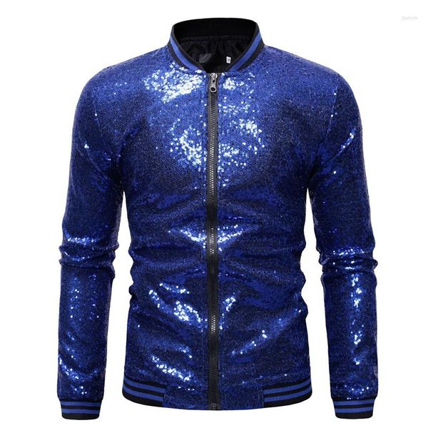 Giacche da uomo Giacca da discoteca con paillettes blu royal Uomo 2023 Autunno Streetwear Uomo con paillettes e cappotti Bomber da baseball Maschile