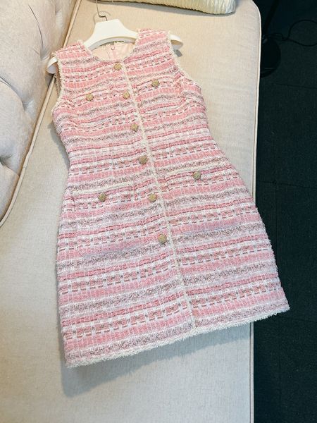 2023 Summer Pink Striped Print Dress Senza maniche Girocollo Bottoni Abiti casual al ginocchio A3Q122218