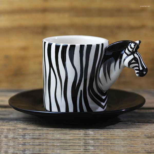Copos Pires 3D Zebra Caneca de Cerâmica Animal Pintado à Mão Espresso Xícara de Café Criativa Desenhos Animados e Pires Canecas Engraçadas