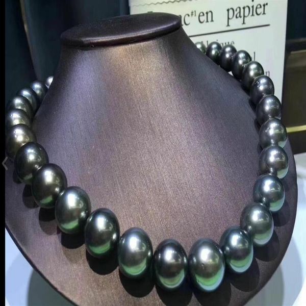 Gioielli di perle fini splendida collana di perle verdi nere rotonde tahitiane da 13-15 mm da 18 pollici 14232d