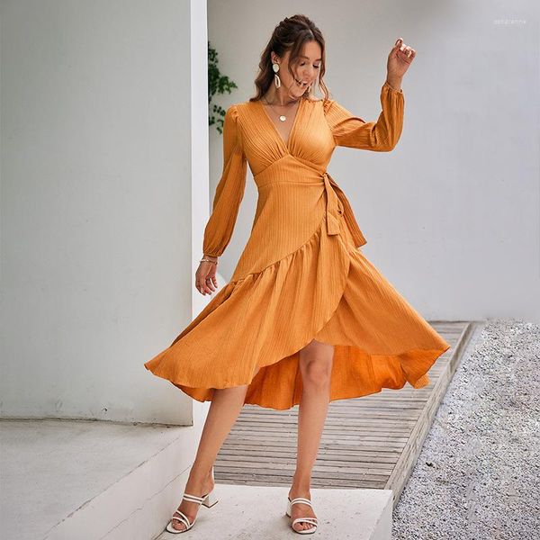 Vestidos Casuais Laranja Decote em V Vestido Estilo Festivo Feminino Plissado Manga Longa Cintura Alta Renda Solta Base Verão Praia Elegante Midi