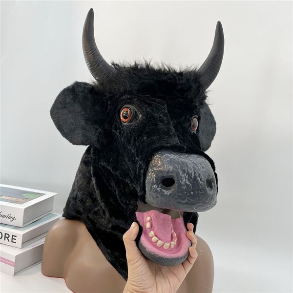 Halloween Realistico Moving Bocca Corno Maschera Horror Mucca Nera Lupo Grigio Peluche Copricapo Carnevale Masquerade Party Puntelli Animali