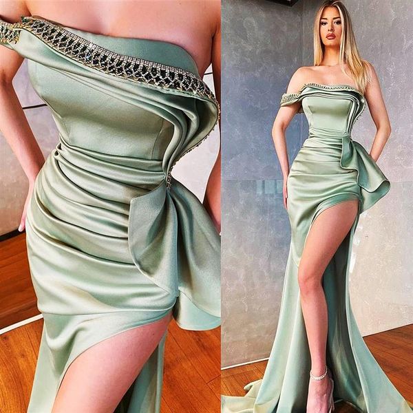 Verde menta plus size árabe aso ebi sereia cristais sexy vestido de baile vestidos de noite sem alças alta divisão cetim vestido formal festa se252g