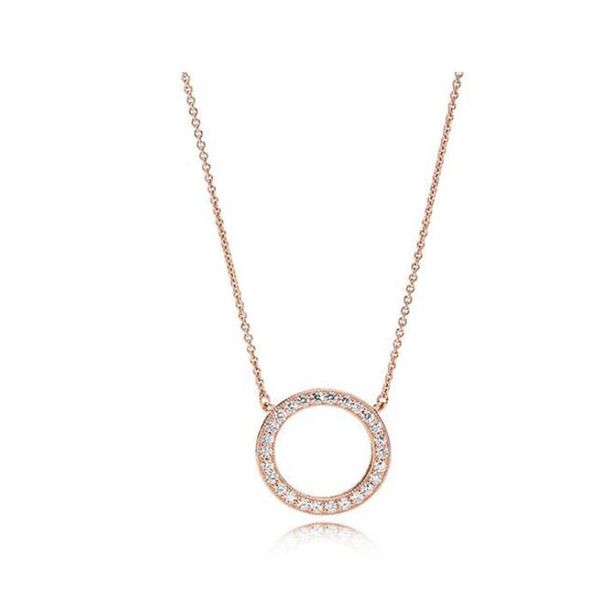 Collana in oro rosa 18 carati con ciondolo a forma di cerchio in argento sterling 925 con scatola originale per catena a disco con diamanti Pandora CZ da donna Jewe2400