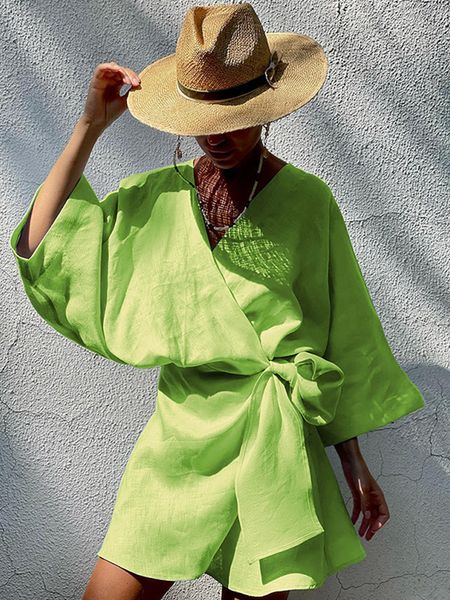 Vestidos Casuais Básicos Vestido Verde Verão Feminino 2023 Solto Respirável Algodão Linho Envoltório Curto Decote V Manga Praia Havaiana 230721