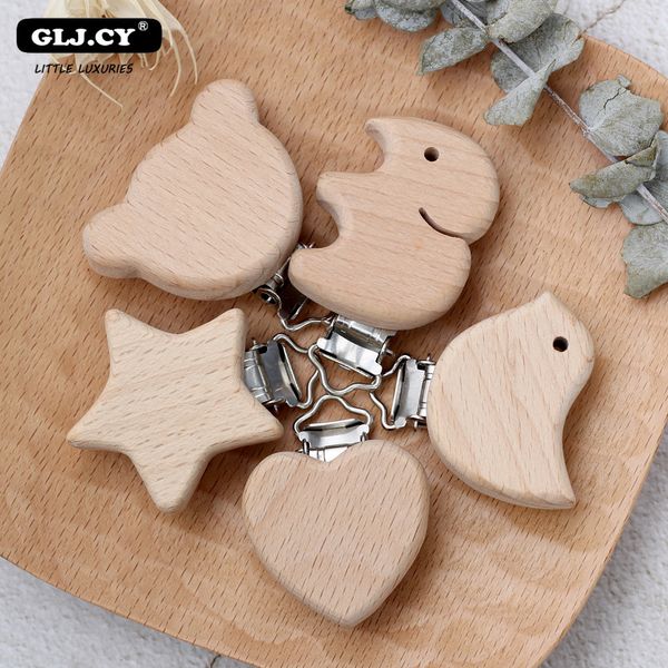 Bable The Leaters Toys 10pcs Beach Wood Pucifier Clip Animals Маленький слон птиц в форме сердца звезды Baby Diy Essential Castle Chain Accessories 230721