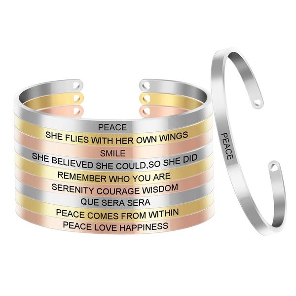 10 Stück / Los Lasergravur Positive ID Inspirierendes Zitat Edelstahl Armreifen Kollektion Maßgeschneidertes Manschetten-Mantra-Armband SL-05226M