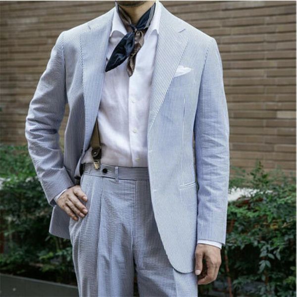 Abiti morbidi estivi da uomo in seersucker a righe blu Abiti da spiaggia per il tempo libero Smoking formali Cappotto Groomsmen Giacca da uomo Pantaloni2899