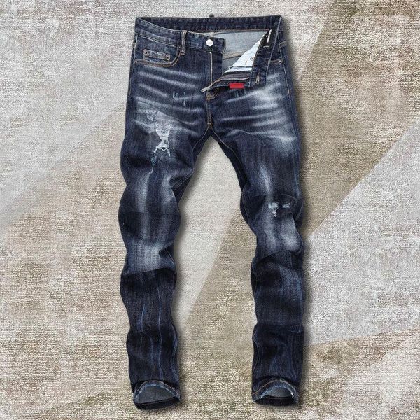 Jeans masculino retrô azul rasgado designer jeans calça street hole letter patchwork Noir Homme 2023 hip hop punk motocicleta