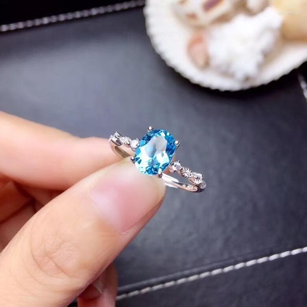 Venta de anillos de racimo, anillo de piedras preciosas de topacio azul cielo claro a la moda para mujer, gema Natural de plata 925 auténtica, regalo de cumpleaños para niña, joyería