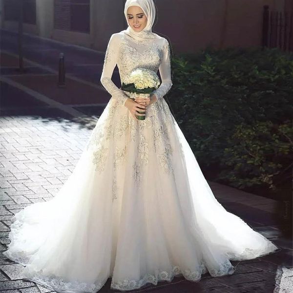 elegante Vestido De Noiva 2019 Elegante maniche lunghe collo alto abiti da sposa musulmani Tulle cerniera posteriore pizzo abiti da sposa islamici2266