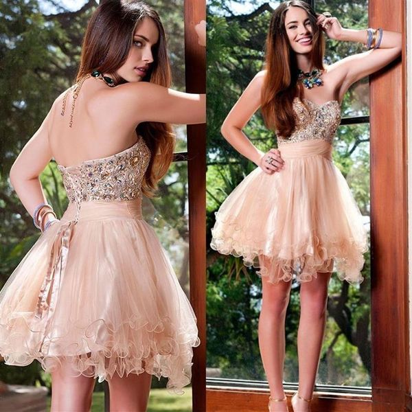 Şeftali Organza 8. Sınıf Kısa Prom Mezuniyet Elbiseleri Vestido De Formatura Rhinestone Boncuklar Işıltılı Homecoming Parti Elbiseleri COCKT308J