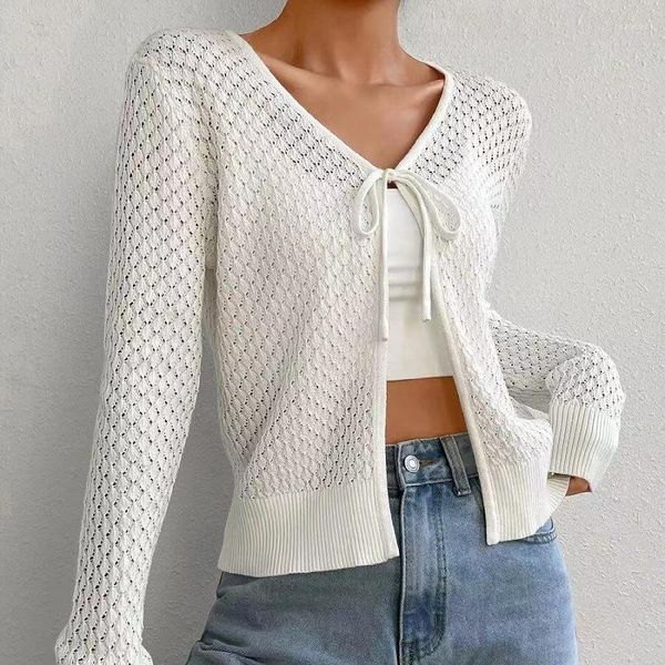 Maglioni da donna Colore bianco Scava fuori Cardigan da donna Maglioni a maniche lunghe con lacci primaverili