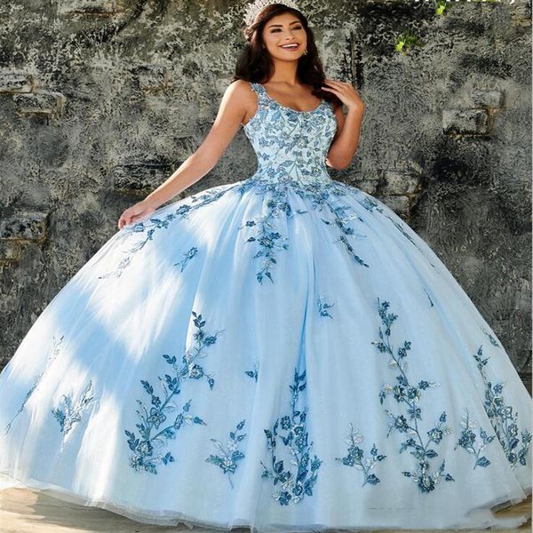 Abiti Quinceanera blu cielo Appliques Perline Scollo tondo 2020 Abito da ballo principessa Sweet 16 Abito da ballo principessa in tulle Abiti da festa252K