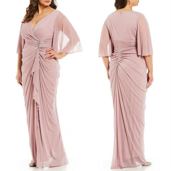 Rosa Mutter der Braut Kleider Schärpe Kristall Chiffon Halblange Ärmel Elegantes Hochzeitsgastkleid V-Ausschnitt Plus Size Abendkleider254s