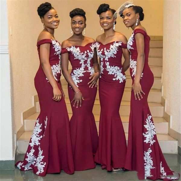 Vestidos de dama de honra elegantes sul-africanos borgonha apliques de renda ombro a ombro sereia vestido de dama de honra longo vestido de baile vestido uniforme281J