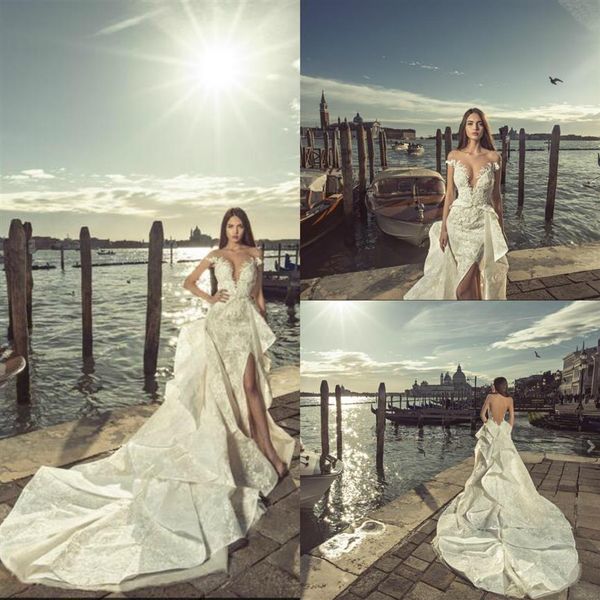 Julia Kontogruni 2019 Vestidos de Noiva Sereia Sem Costas Apliques de Renda Folhos Destacáveis Split Sexy Vestidos de Noiva Frisados Praia Weddi201n