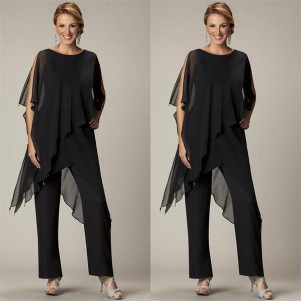 Abiti economici a due pezzi Pantaloni per la madre della sposa Gioiello Mezza manica Plus Size Abiti da sera in chiffon nero Beach Wedding Party271S