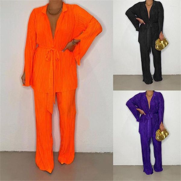 Damen Zweiteilige Hose Orange Damen Hemdanzug Zweiteiliges Set 2023 Langarm Chiffon Tops Weites Bein Hose Sweatsuit Elegante Dame Casual Sets