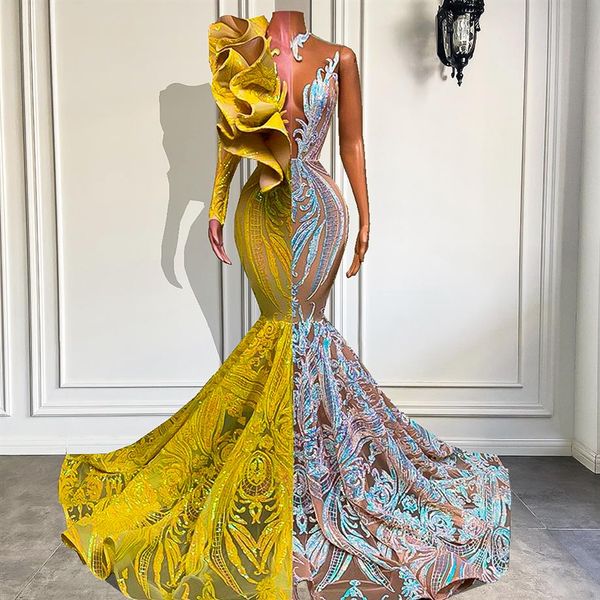 Aso Ebi Glitter Paillettes Mermaid Prom Dresses Ruffles Una manica Abiti da sera lunghi African Black Girls Special Occasion Dress Pag295p