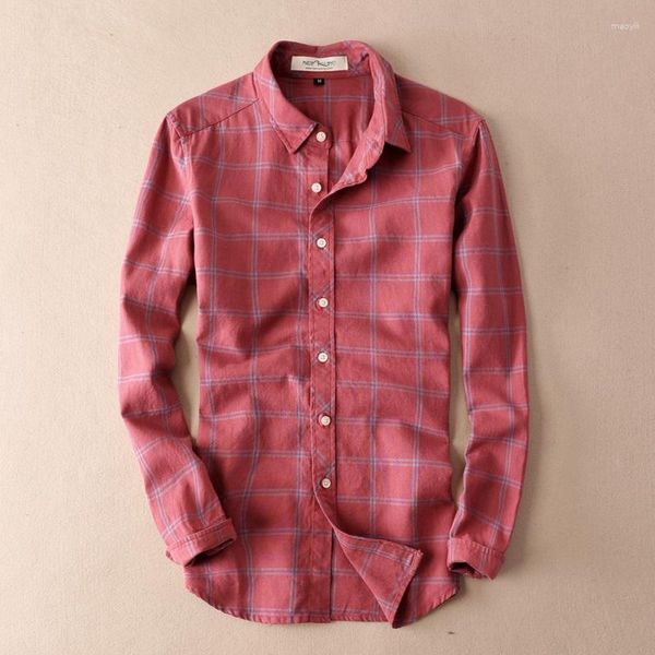 Camicie casual da uomo Summer Thin Plaid Men Red Quality Dress Manica lunga Cotone Lino Moda Camisa Masculina TS-224