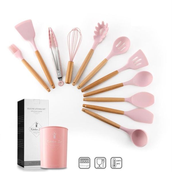 12PCS Set di utensili da cucina in silicone di colore rosa Spatola antiaderente Pala Manico in legno Utensili da cucina Set con scatola di immagazzinaggio Cucina T283s